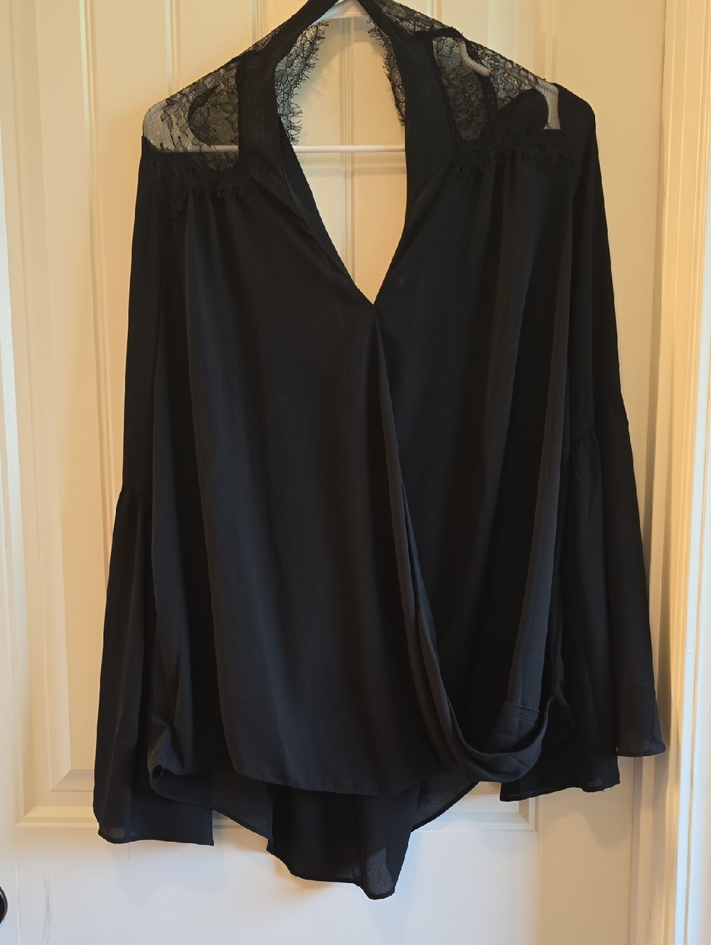 belle sky Black High-Low Wrap Top with Lace Yoke Detail